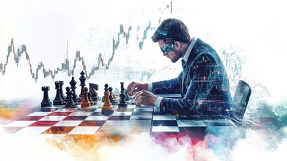 lorotrader_A_trader_sits_at_a_chessboard_with_price_charts